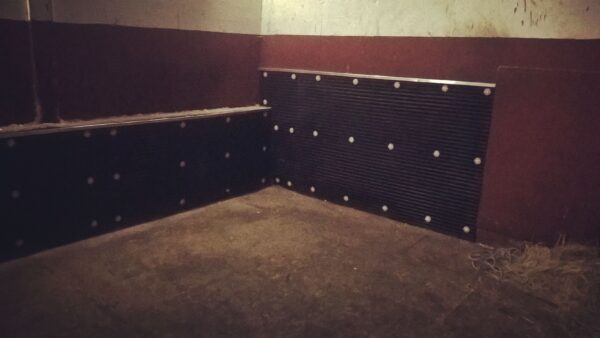 12mm rubber wall mats installed using wall pins finished with an anti-chew capping