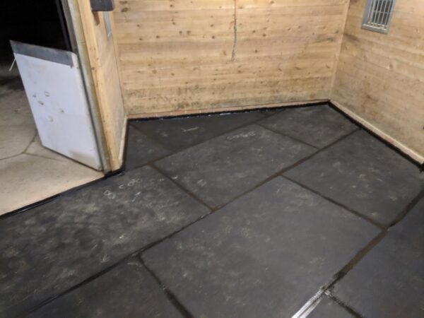 a quirky shaped stable with black low profile matting installed wuth our fully sealed system for eaxtra easy of cleaning